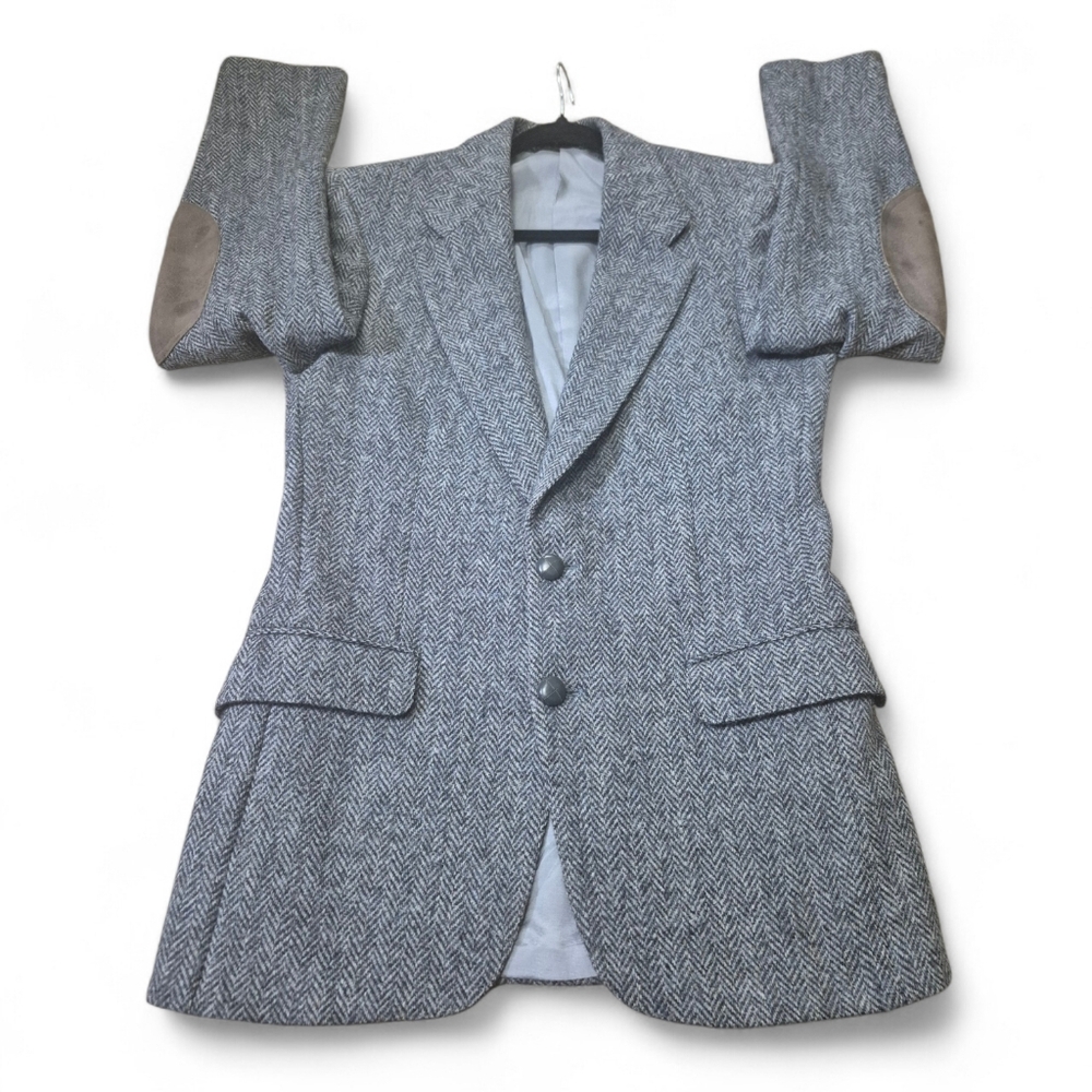 Vintage Grey/Blue Harris Tweed Jacket With Brown elbow patches by Leshman TipTop - Picture 12 of 16